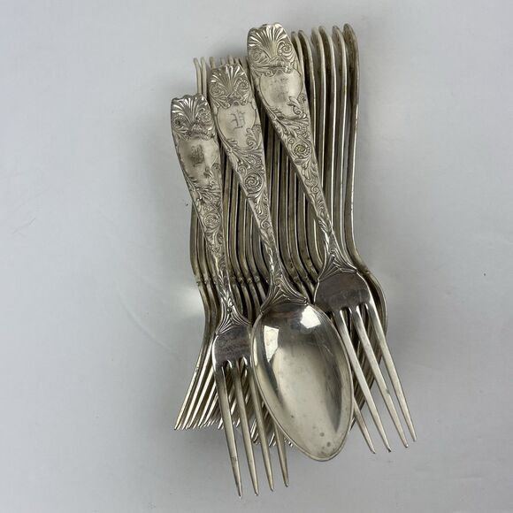 Gorham Royal Flowering Crown 1887 Silver Plate 12 Dinner 9 Salad Forks 1 Spoon - Picture 1 of 16